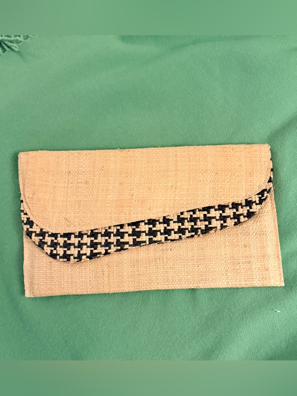 Woven Straw Clutch in Beige with Black & White Accent